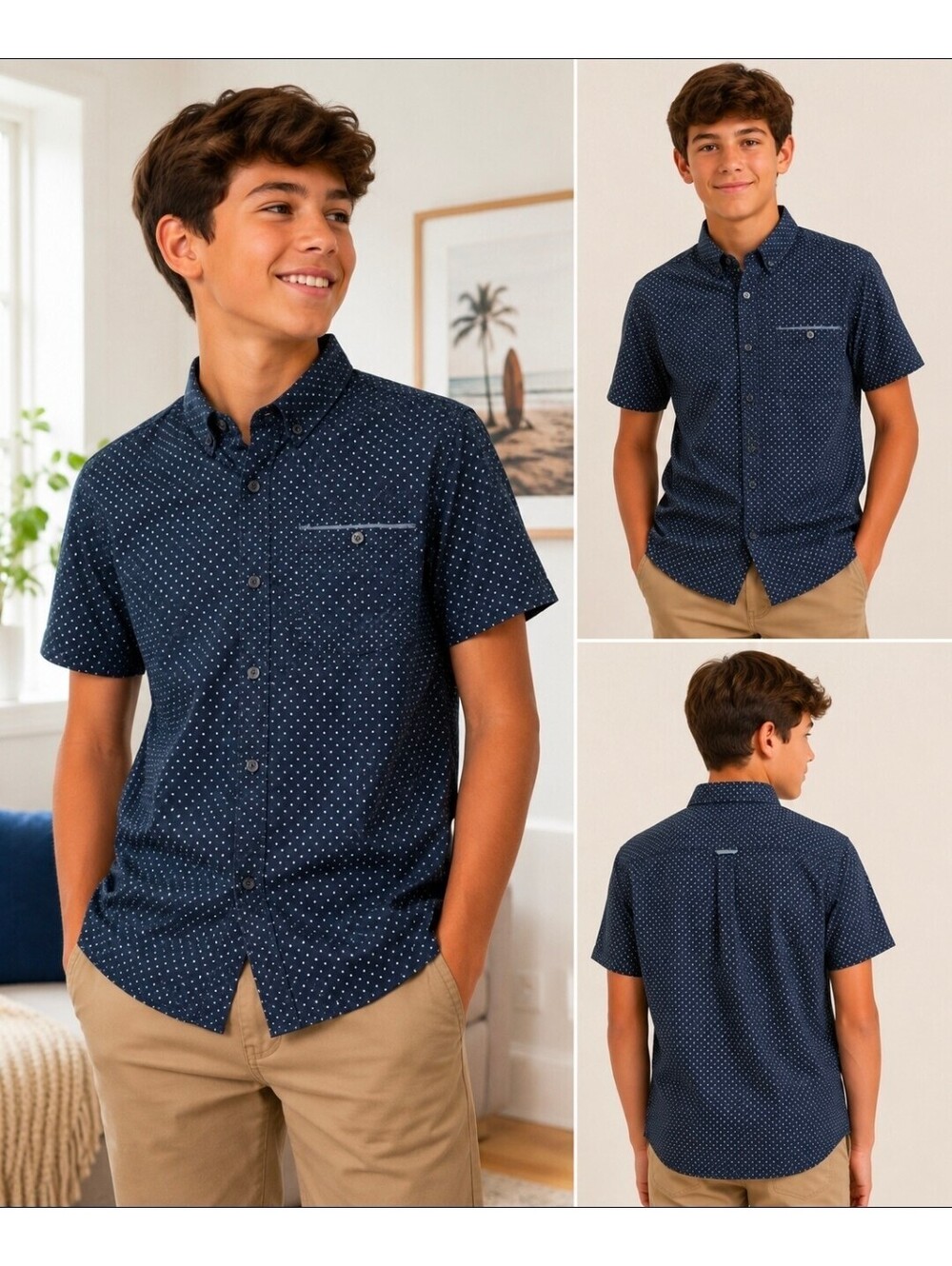 Cactus Boys 13/14 Navy White Polka Dot Button Up Shirt Short Sleeve Cotton Blend
